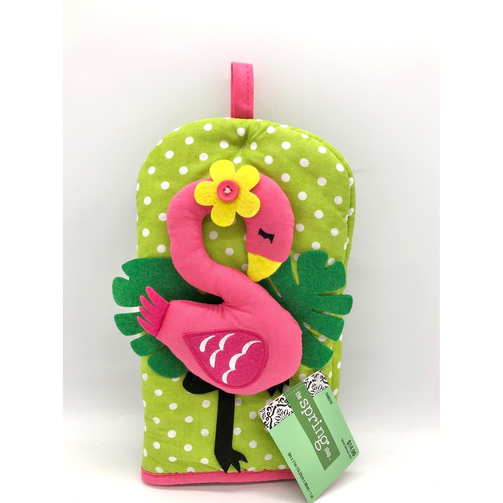 The Spring Shop Flamingo Oven Mitt Lime Green Polka Dot Tropical 3D 5486378 NEW